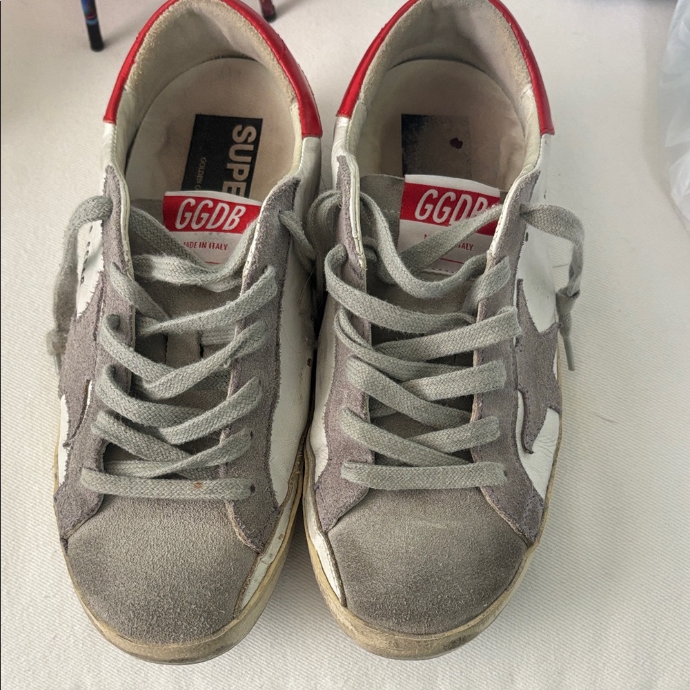 Golden Goose Gray and White Sneakers with Red Heel